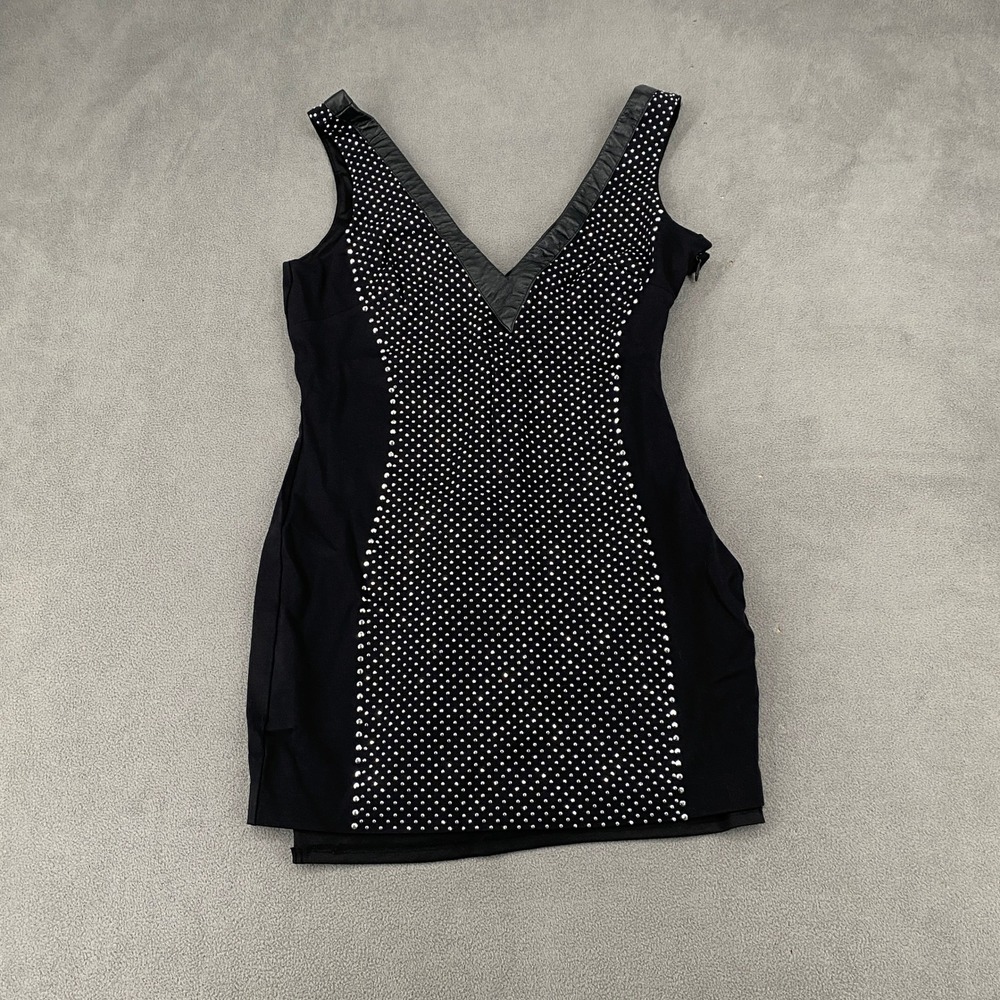 Bebe Black‎ Studded V-Neck Bodycon Dress Y2K Gothic Faux Leather Trim Medium